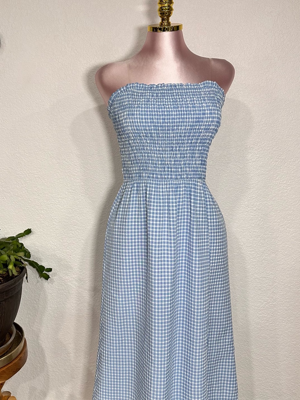 Sienna Sky Light Blue Gingham Strapless Smocked Maxi Dress